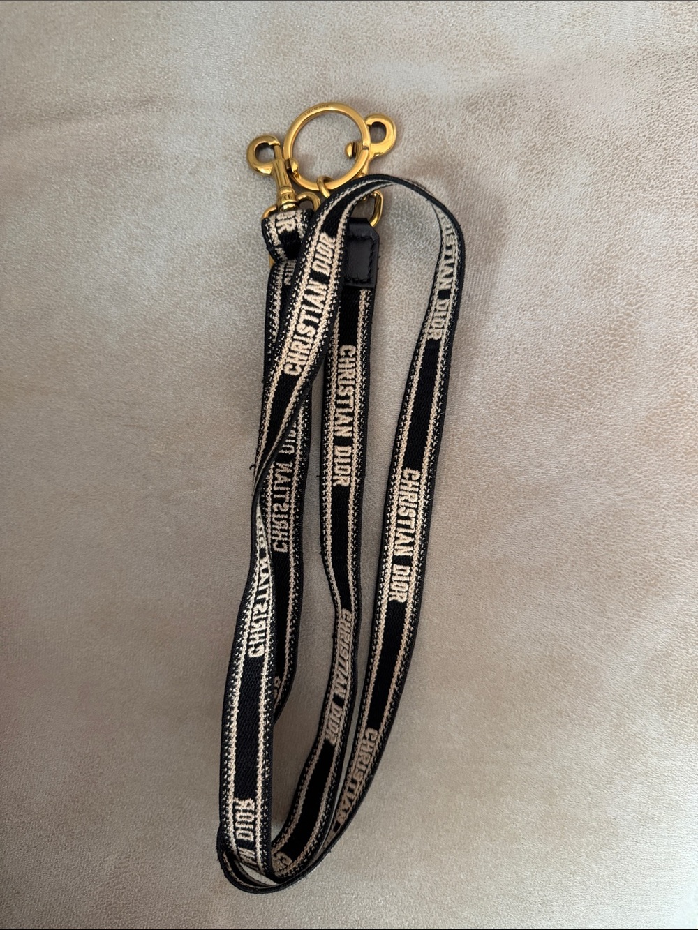 Dior Black and Cream Christian Dior Branded Lanyard with Gold Hardware